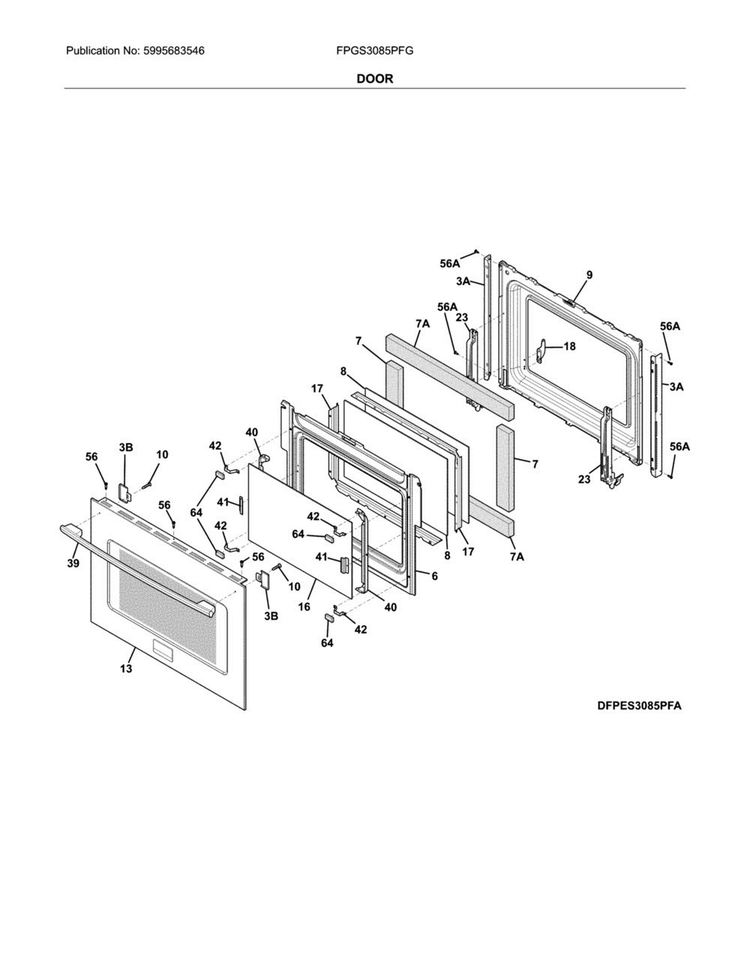 Door Diagram and Parts List for FPGS3085PFG  Frigidaire Range