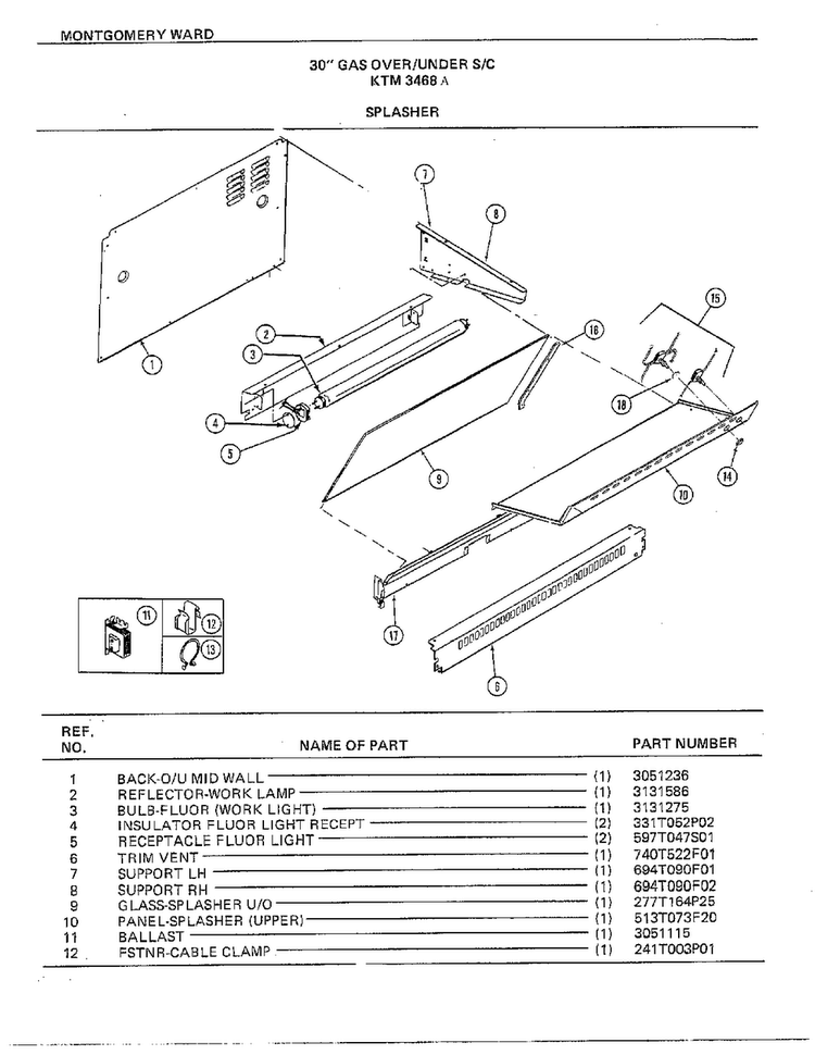 30" Gas Over/under Splasher Diagram and Parts List for 3468A  Frigidaire Range