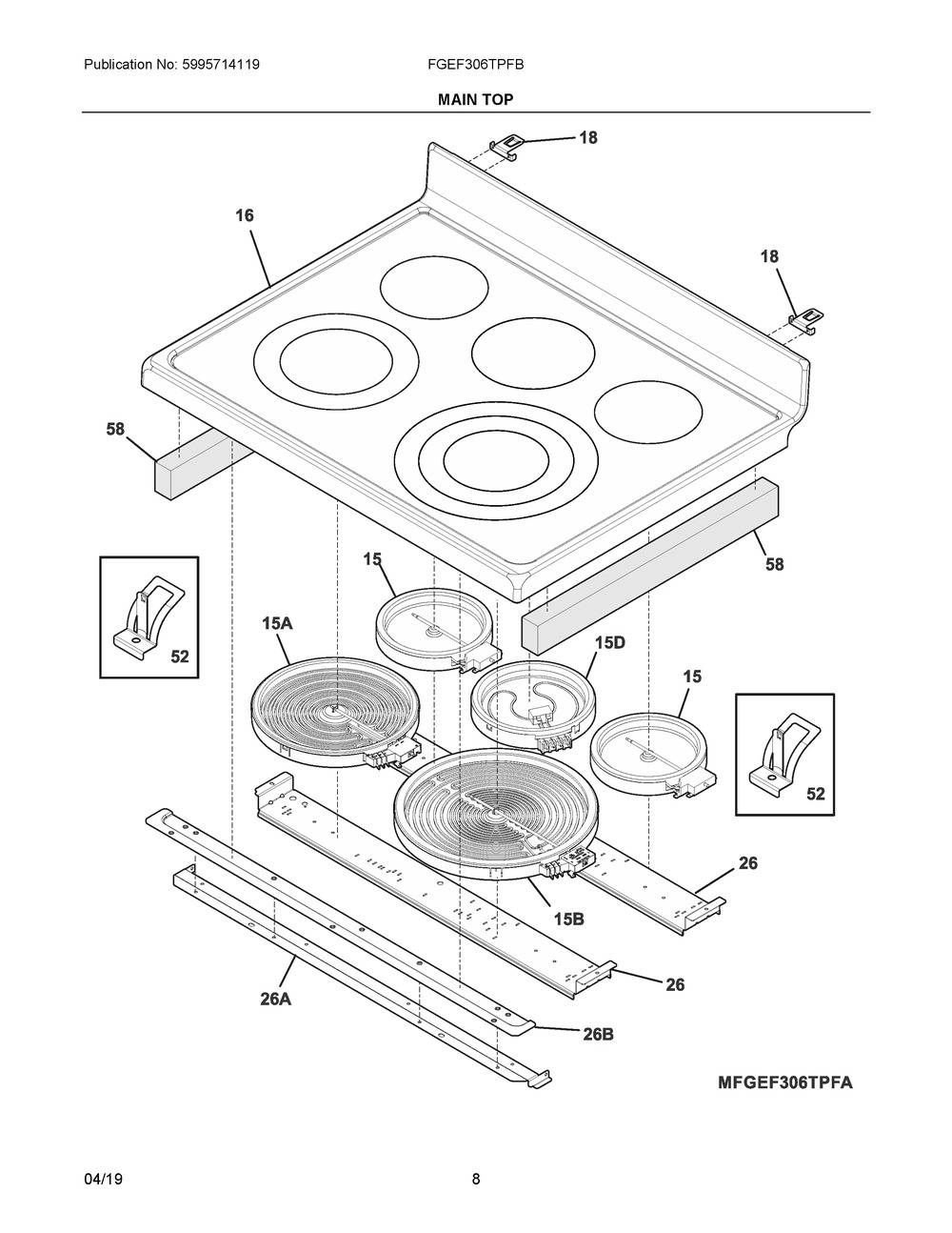 Main Top Diagram and Parts List for FGEF306TPFB  Frigidaire Range