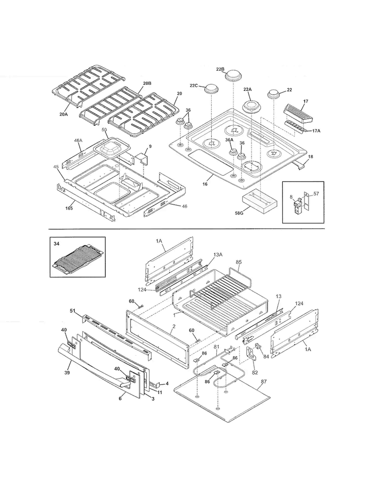 Top/drawer Diagram and Parts List for EW30GS65GSC  Electrolux Range