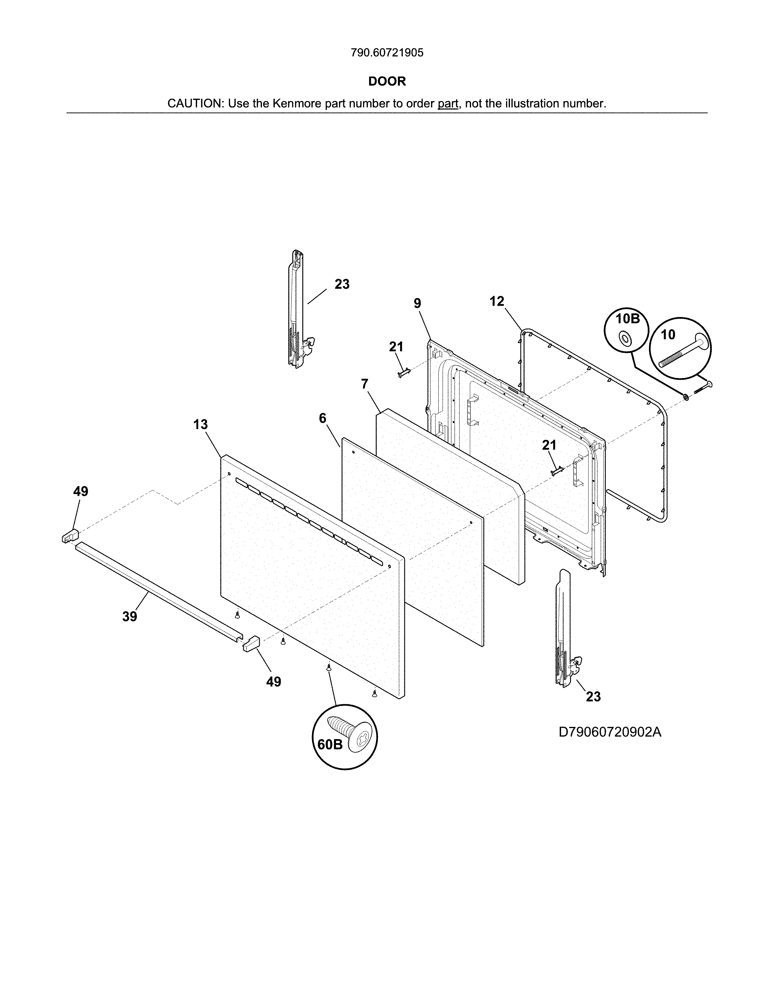 Door Diagram and Parts List for 79060721905  Kenmore Range