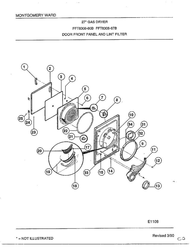 Door Front Panel And Lint Filter Diagram and Parts List for 7308B  Frigidaire Dryer
