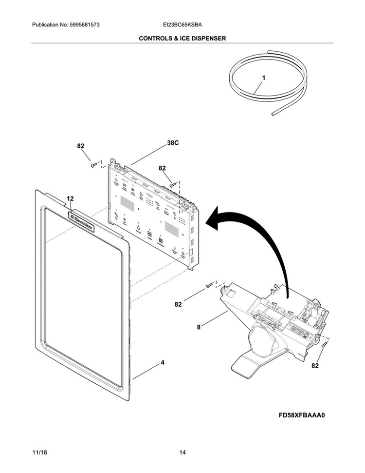 Controls & Ice Dispenser Diagram and Parts List for EI23BC65KSBA  Electrolux Refrigerator