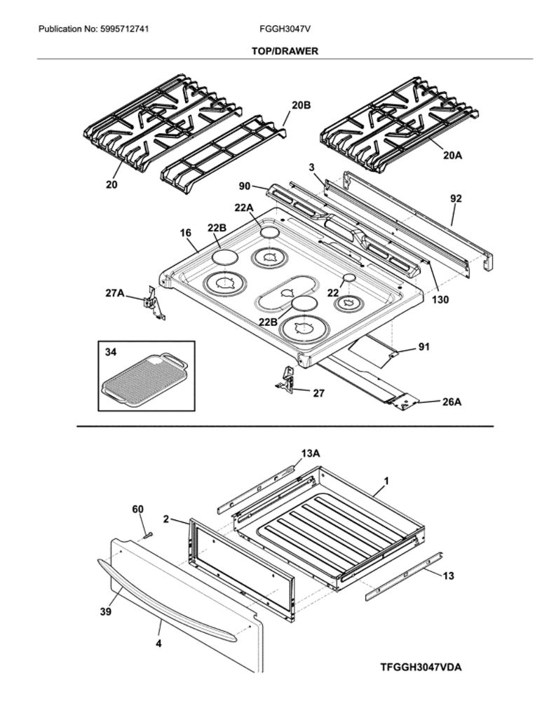 Top/Drawer Diagram and Parts List for FGGH3047VFA  Frigidaire Range