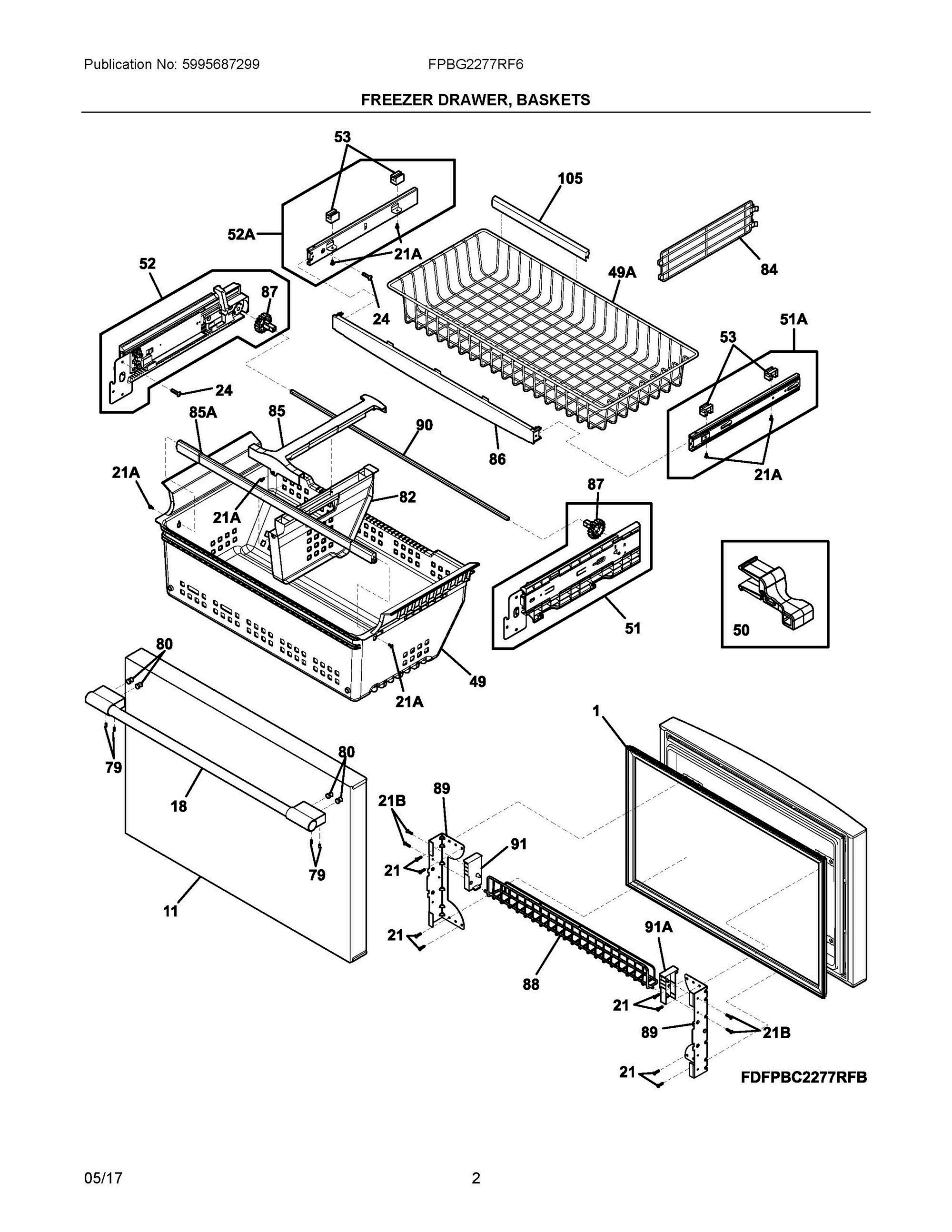 02 - FREEZER DRAWER, BASKETS Diagram and Parts List for FPBG2277RF6  Frigidaire Refrigerator