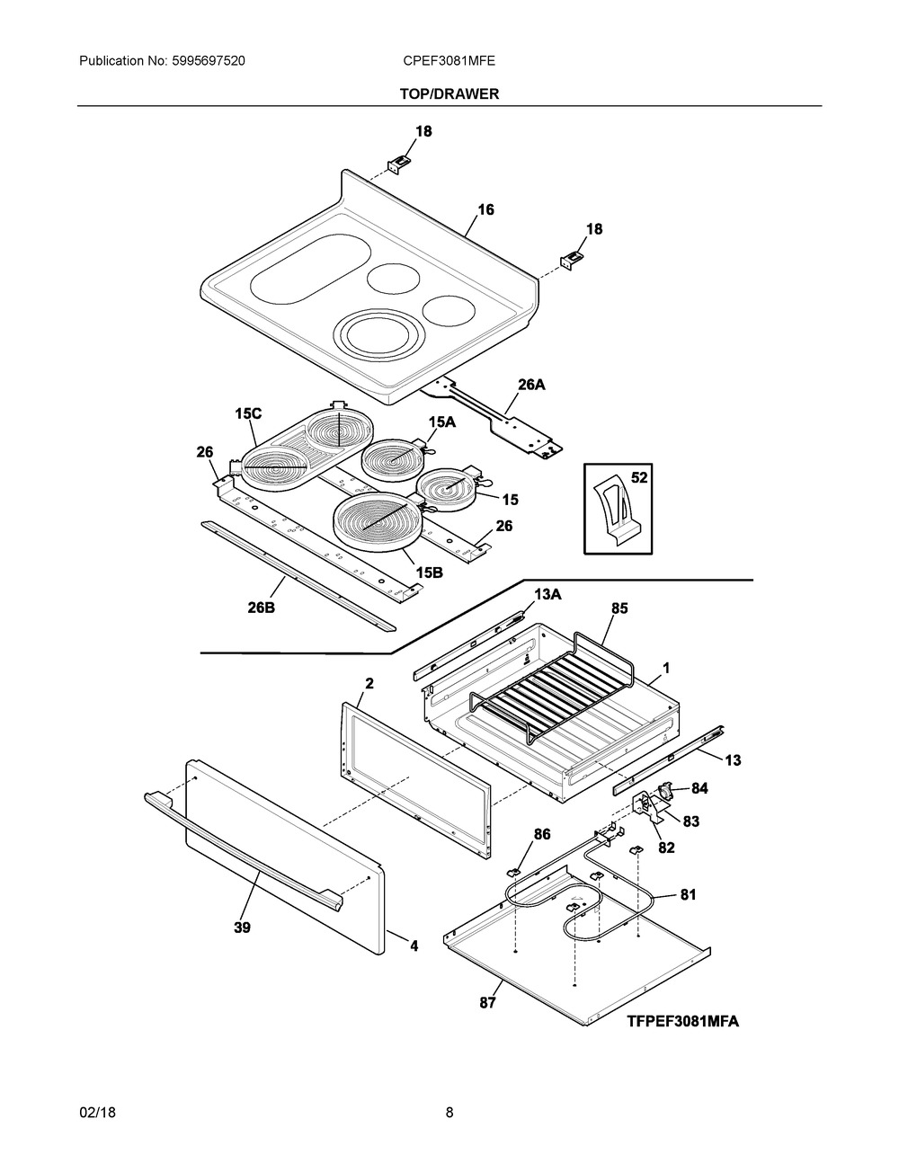 Top/drawer Diagram and Parts List for CPEF3081MFE  Frigidaire Range