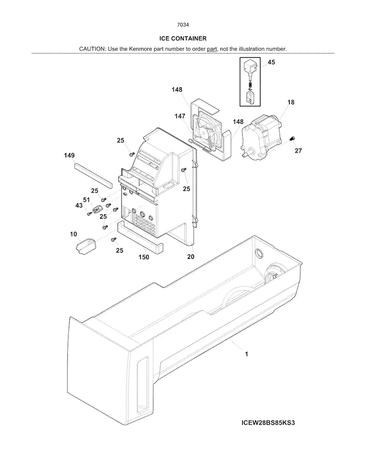 Ice Container Diagram and Parts List for 2537034241B  Kenmore Refrigerator