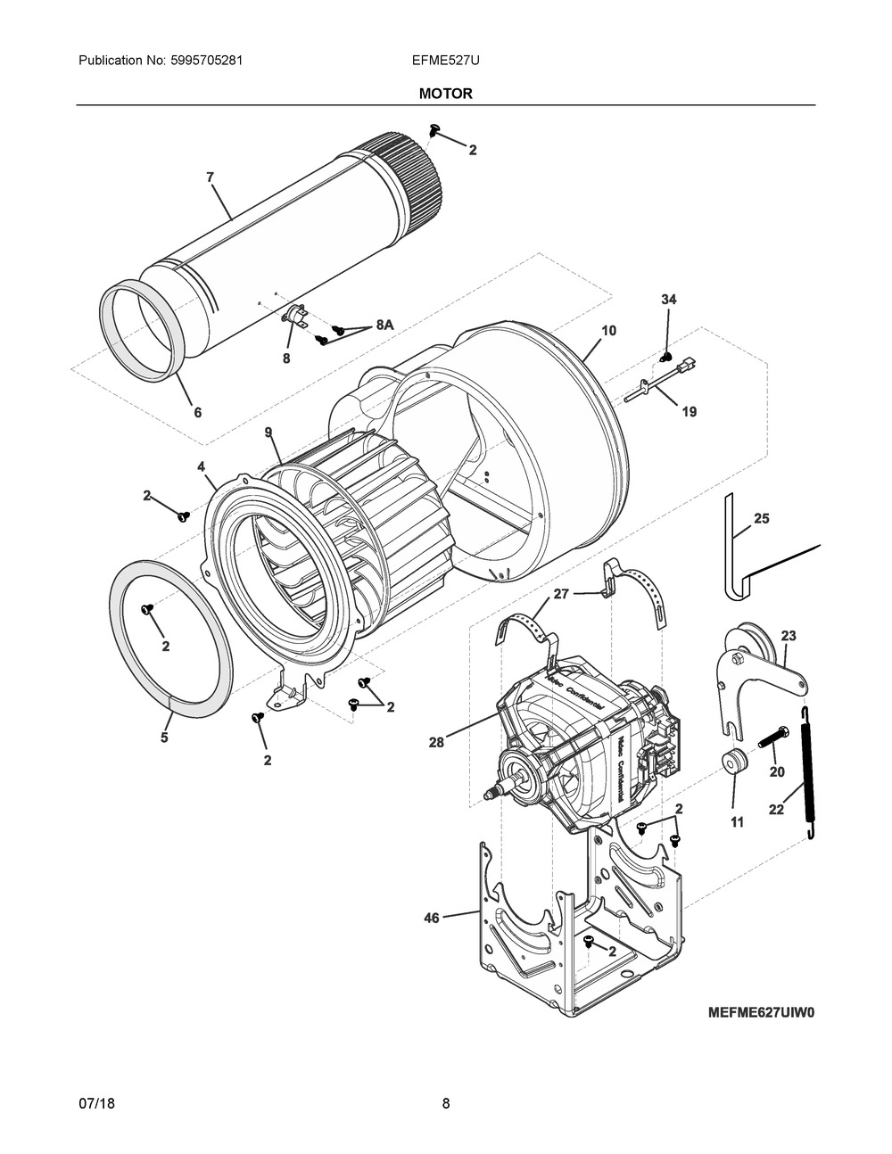Motor Diagram and Parts List for EFME527UIW0  Frigidaire Dryer
