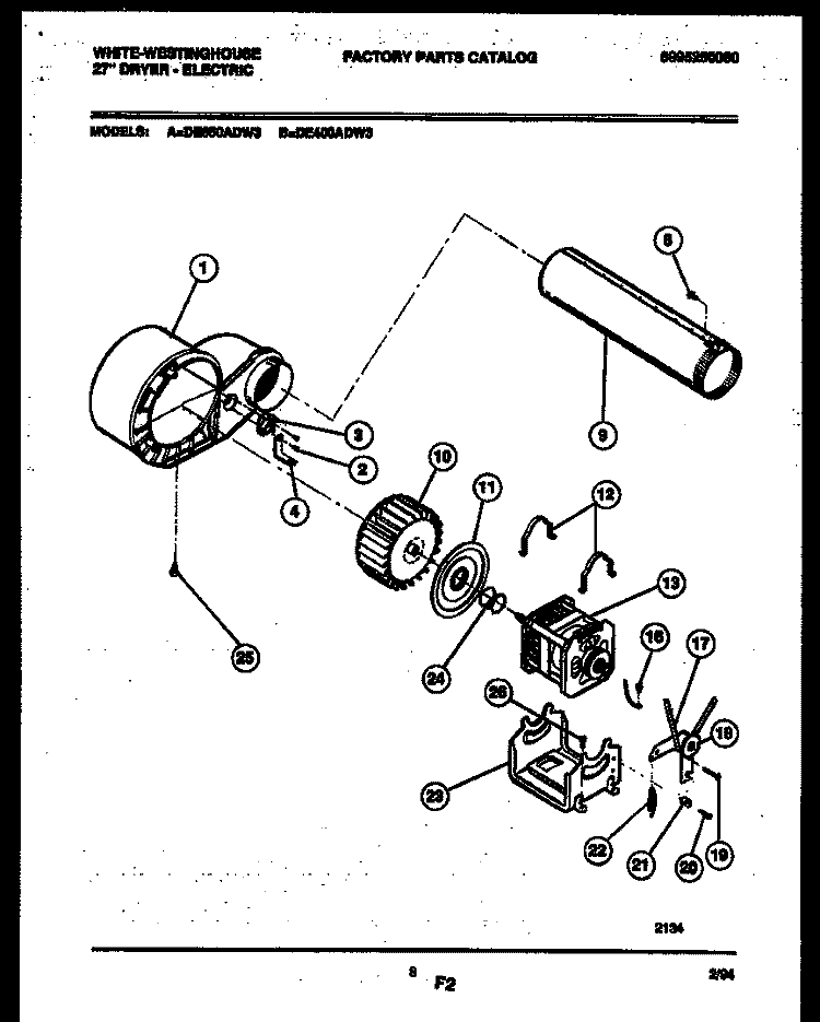 BLOWER AND DRIVE PARTS Diagram and Parts List for DE400ADW3  Frigidaire Dryer