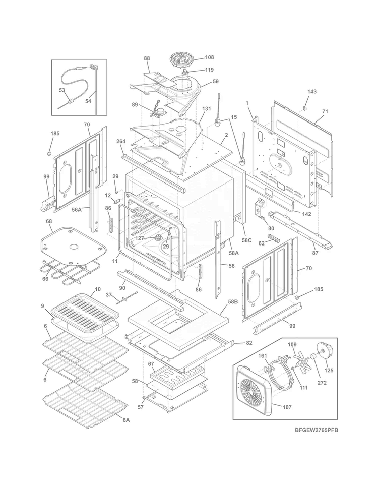Body Diagram and Parts List for FGEW2765PFC  Frigidaire Wall Oven