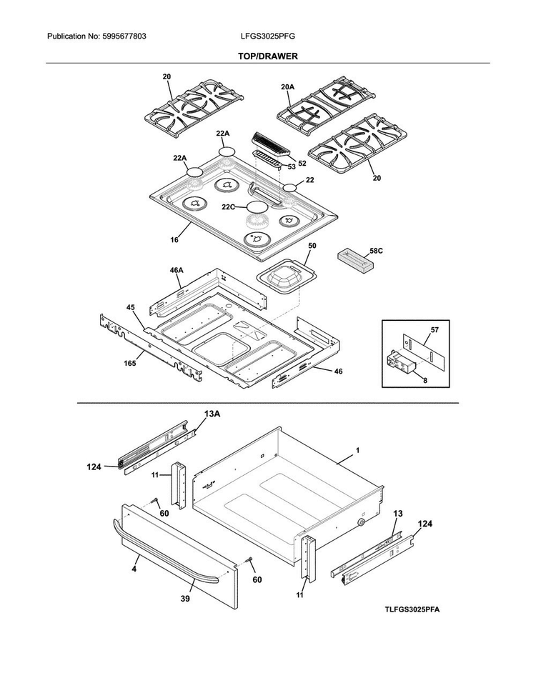 Top/drawer Diagram and Parts List for LFGS3025PFG  Frigidaire Range