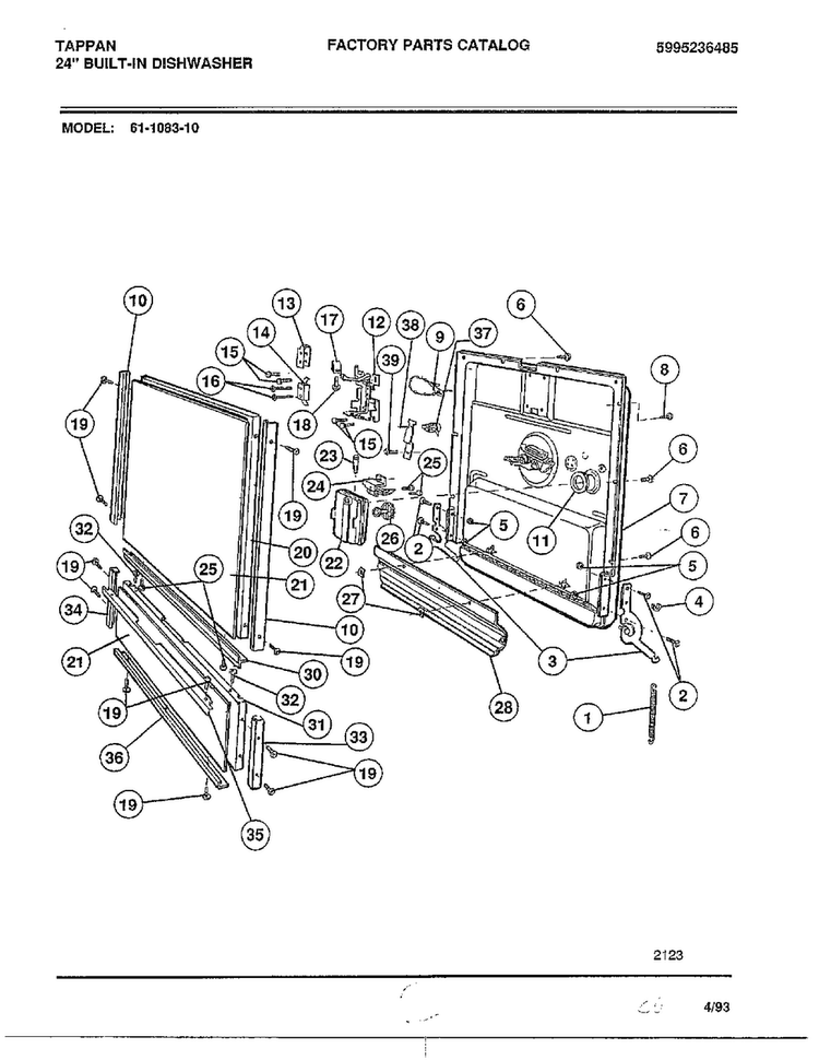 Front Panel Diagram and Parts List for 61-1083-10  Frigidaire Dishwasher