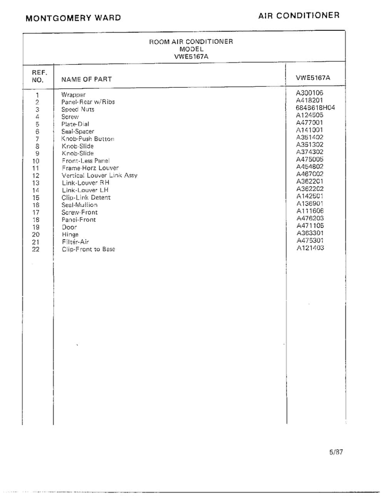 Air Conditioner Page 2 Diagram and Parts List for 5167A  Frigidaire Air Conditioner