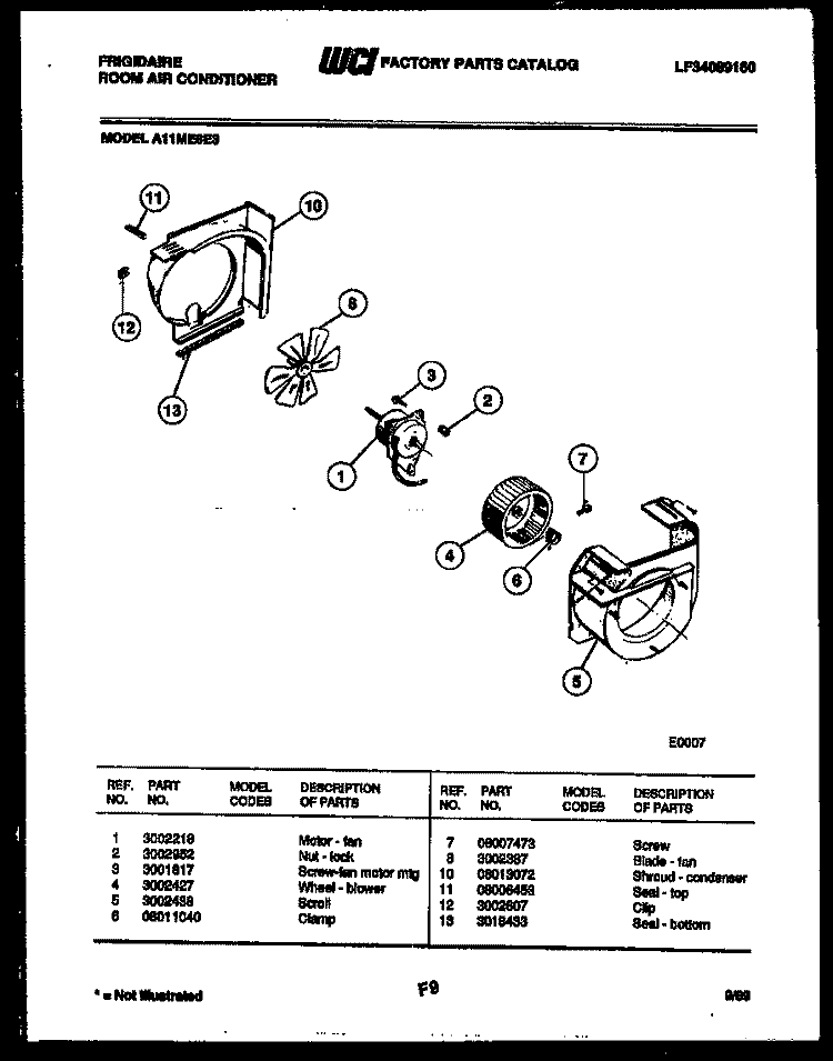 AIR HANDLING PARTS Diagram and Parts List for A11ME8E3  Frigidaire Air Conditioner
