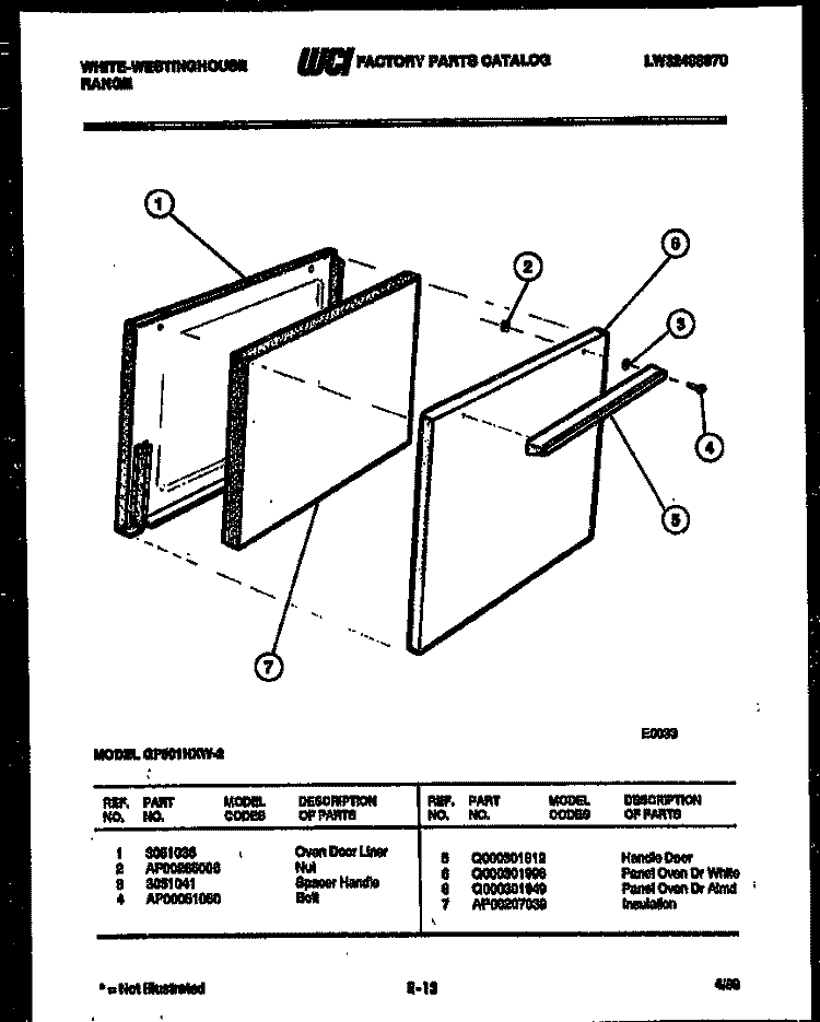 DOOR PARTS Diagram and Parts List for GF501HXW2  Frigidaire Range