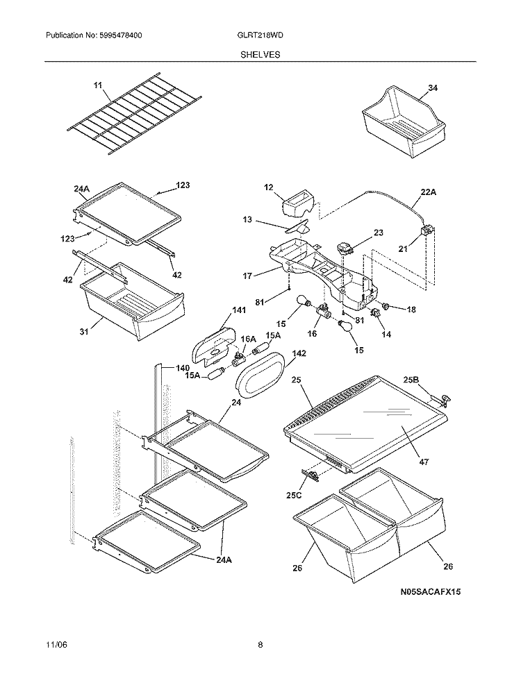 SHELVES Diagram and Parts List for GLRT218WDB4  Frigidaire Refrigerator