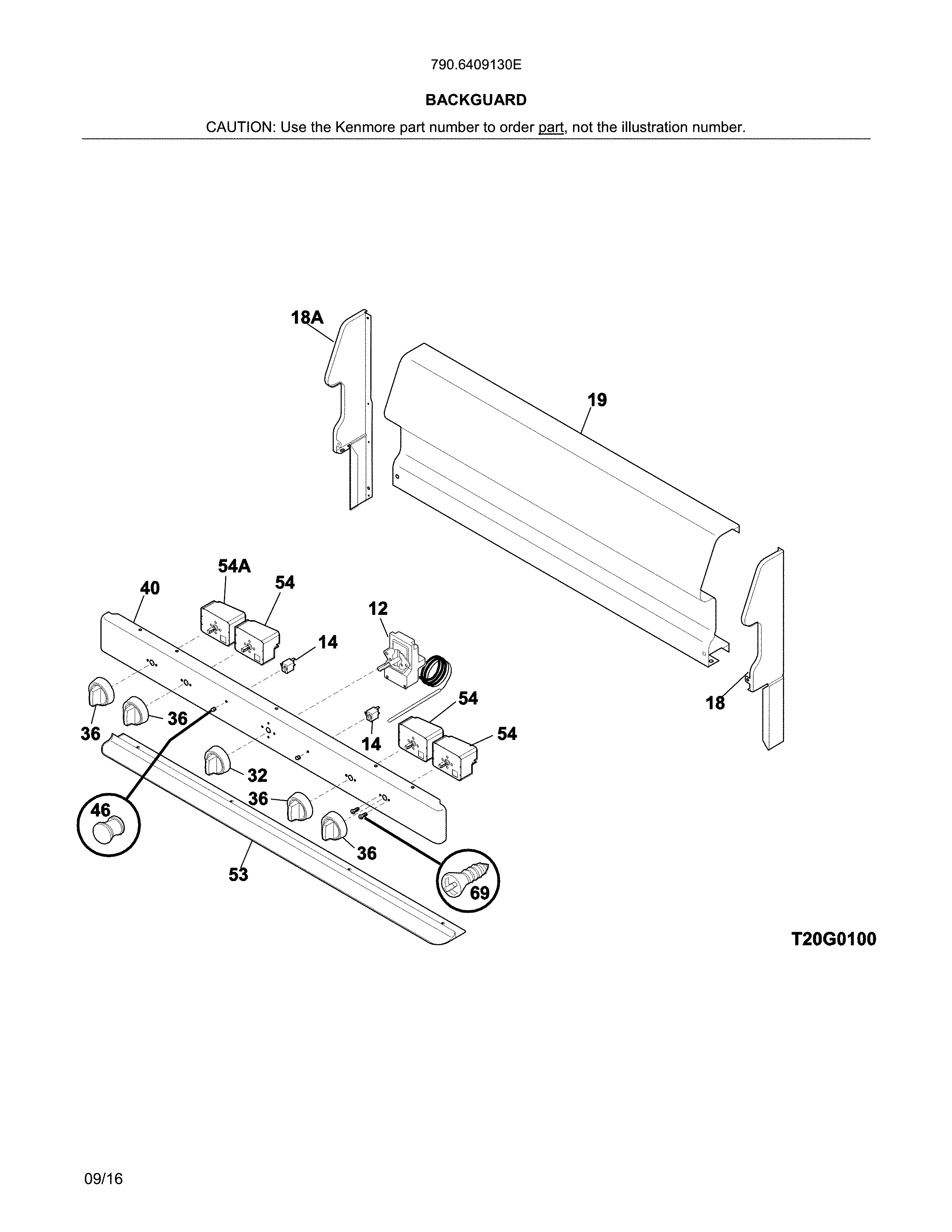 Backguard Diagram and Parts List for 7906409130E  Kenmore Range