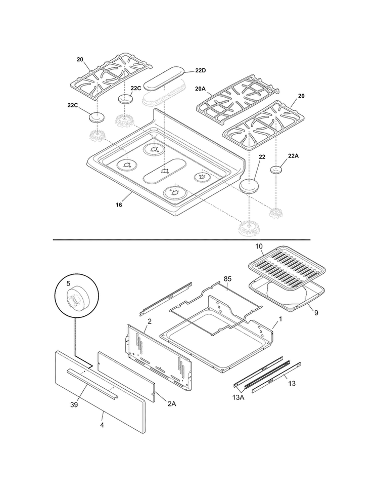 Top/drawer Diagram and Parts List for FFGF3019LBA  Frigidaire Range