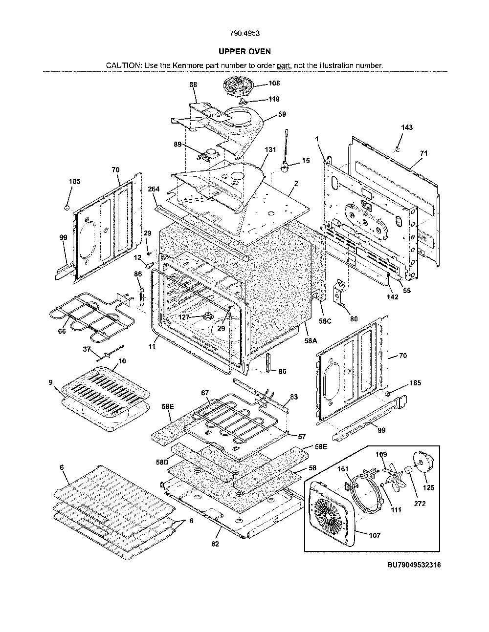 Upper oven Diagram and Parts List for 79049539316  Kenmore Wall Oven