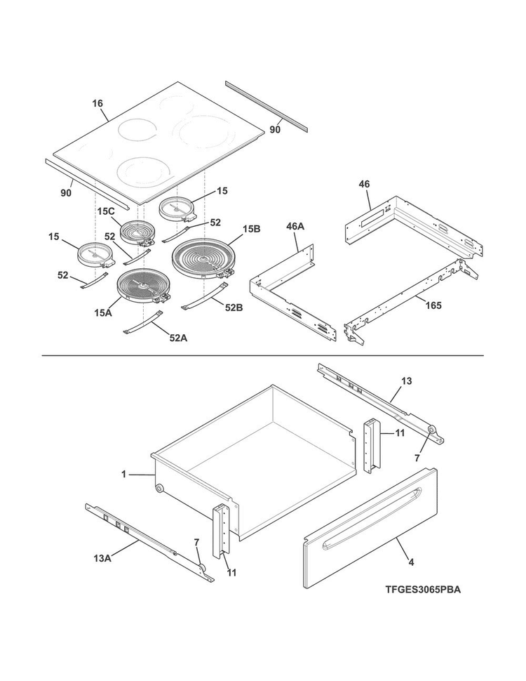 Top/drawer Diagram and Parts List for CGES3065PWA  Frigidaire Range