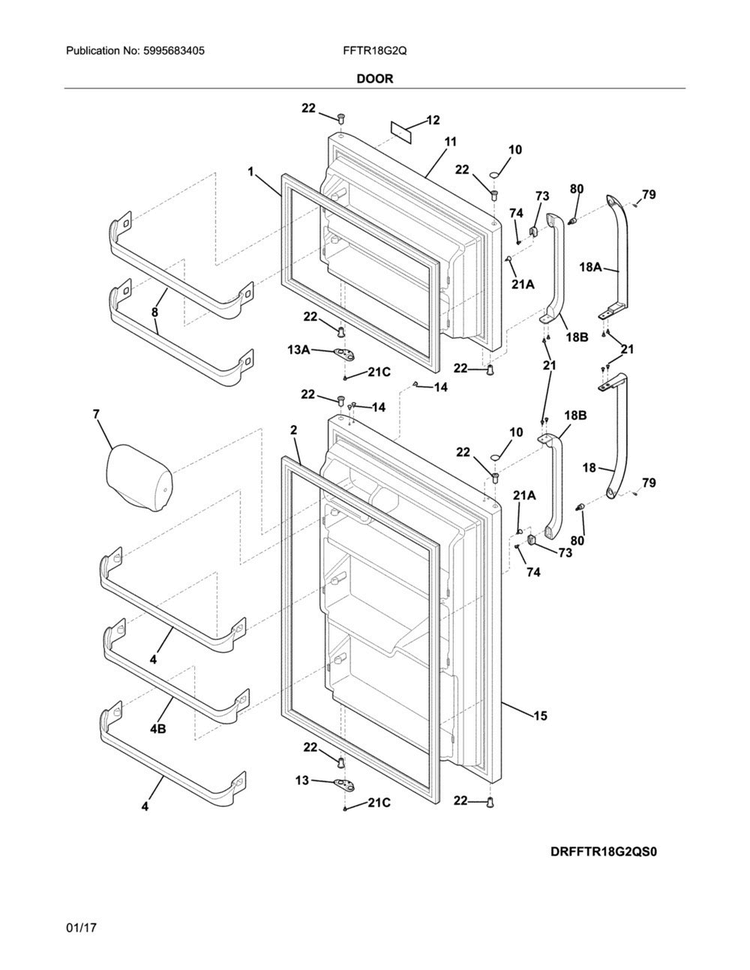 Door Diagram and Parts List for FFTR18G2QW7B  Frigidaire Refrigerator