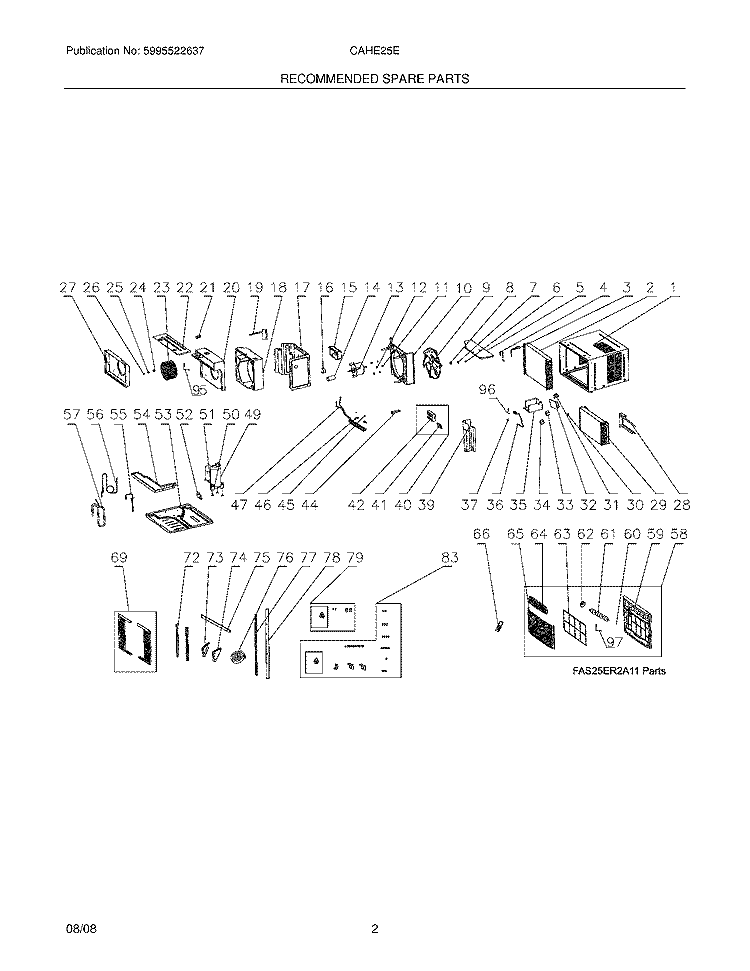 RECOMMENDED SPARE PARTS Diagram and Parts List for CAHE25ER14  Frigidaire Air Conditioner