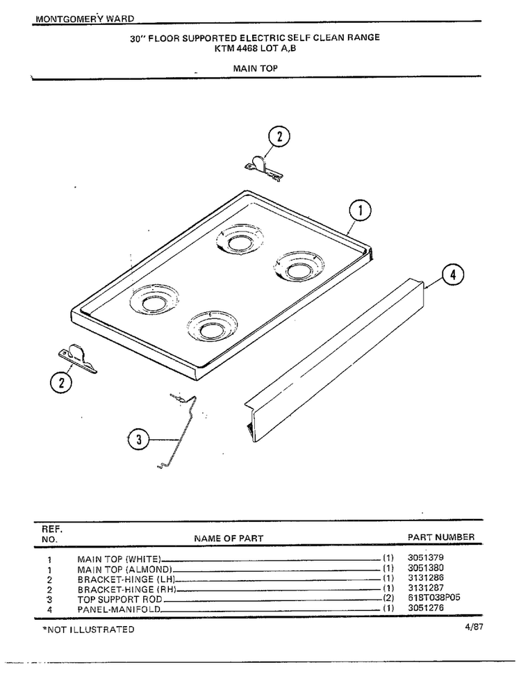 30" Floor Supported Elec Main Top Diagram and Parts List for 4468B  Frigidaire Range