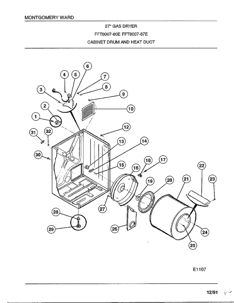 Cabinet Drum And Heat Duct Diagram and Parts List for 8007-87D  Frigidaire Dryer