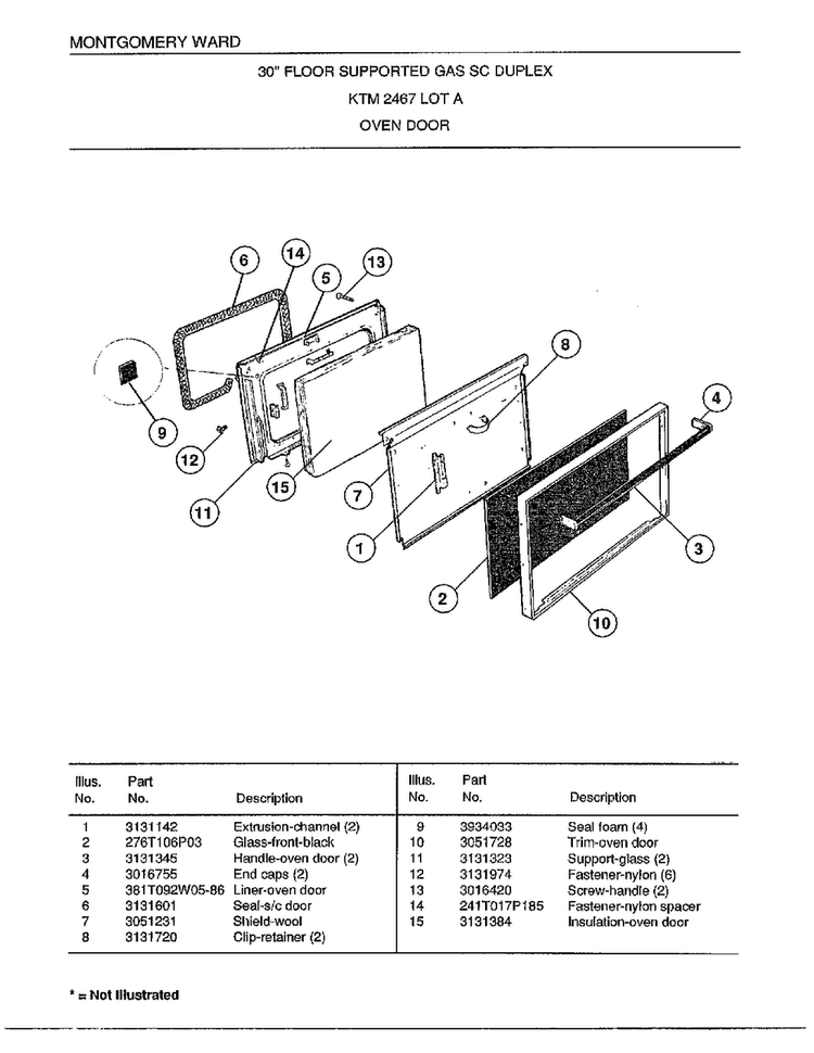 Oven Door Diagram and Parts List for 2467A  Frigidaire Range