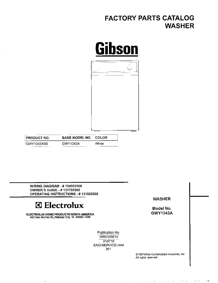 COVER Diagram and Parts List for GWY1343AS0  Gibson Washer