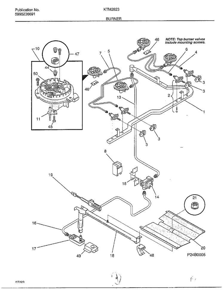 Burner Diagram and Parts List for 2823-80B  Frigidaire Range