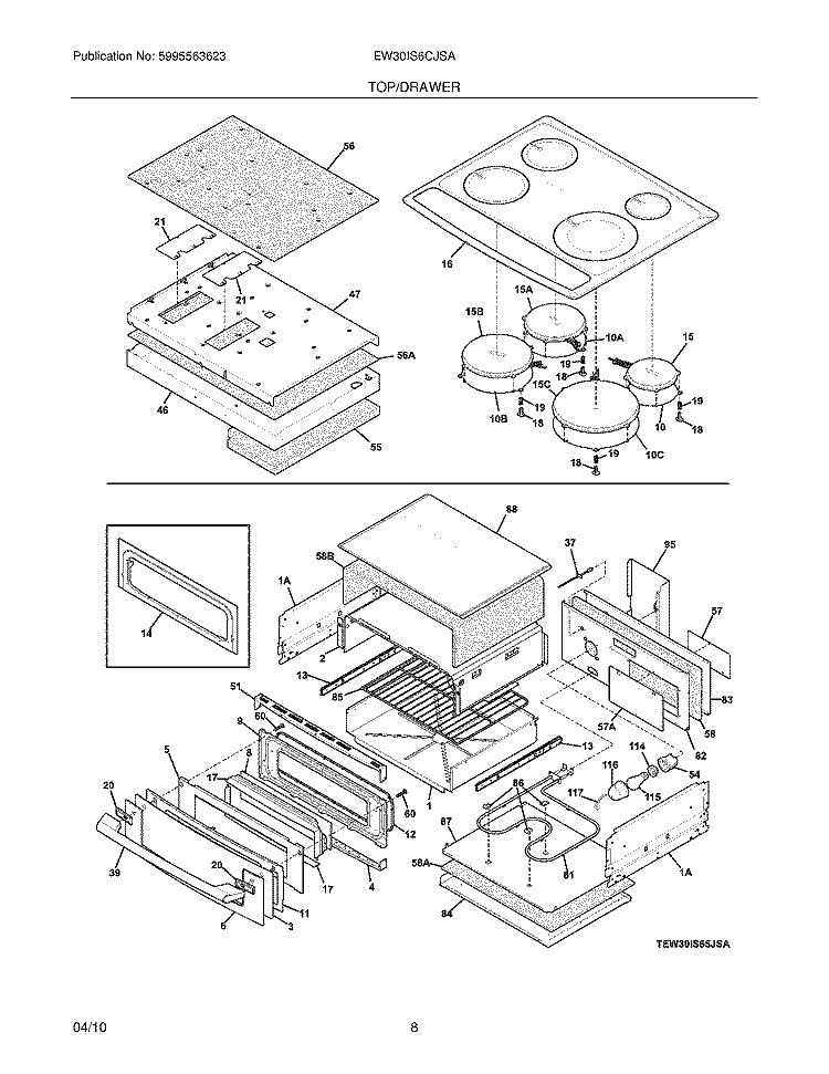 TOP/DRAWER Diagram and Parts List for EW30IS6CJSA  Electrolux Range
