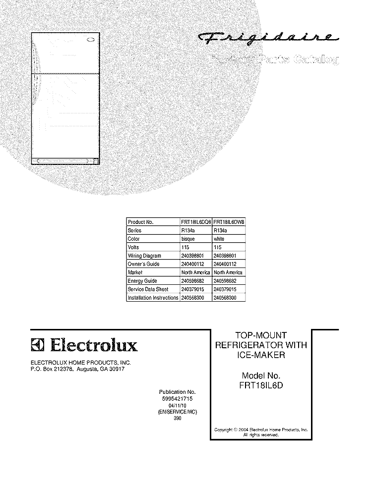 COVER Diagram and Parts List for FRT18IL6DQ8  Frigidaire Refrigerator
