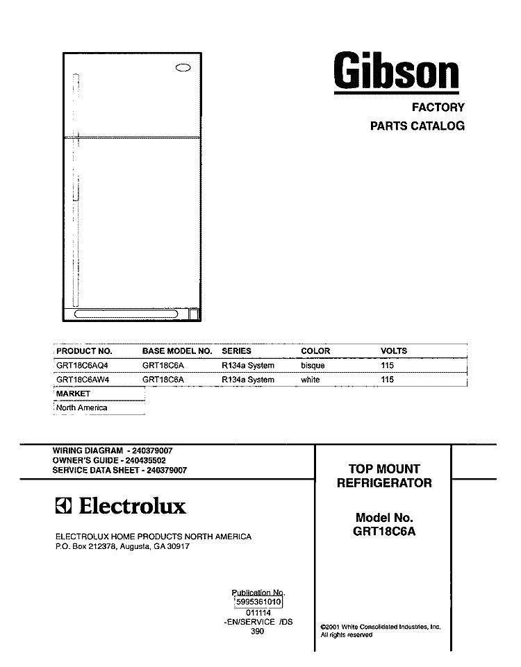 COVER Diagram and Parts List for GRT18C6AW4  Gibson Refrigerator