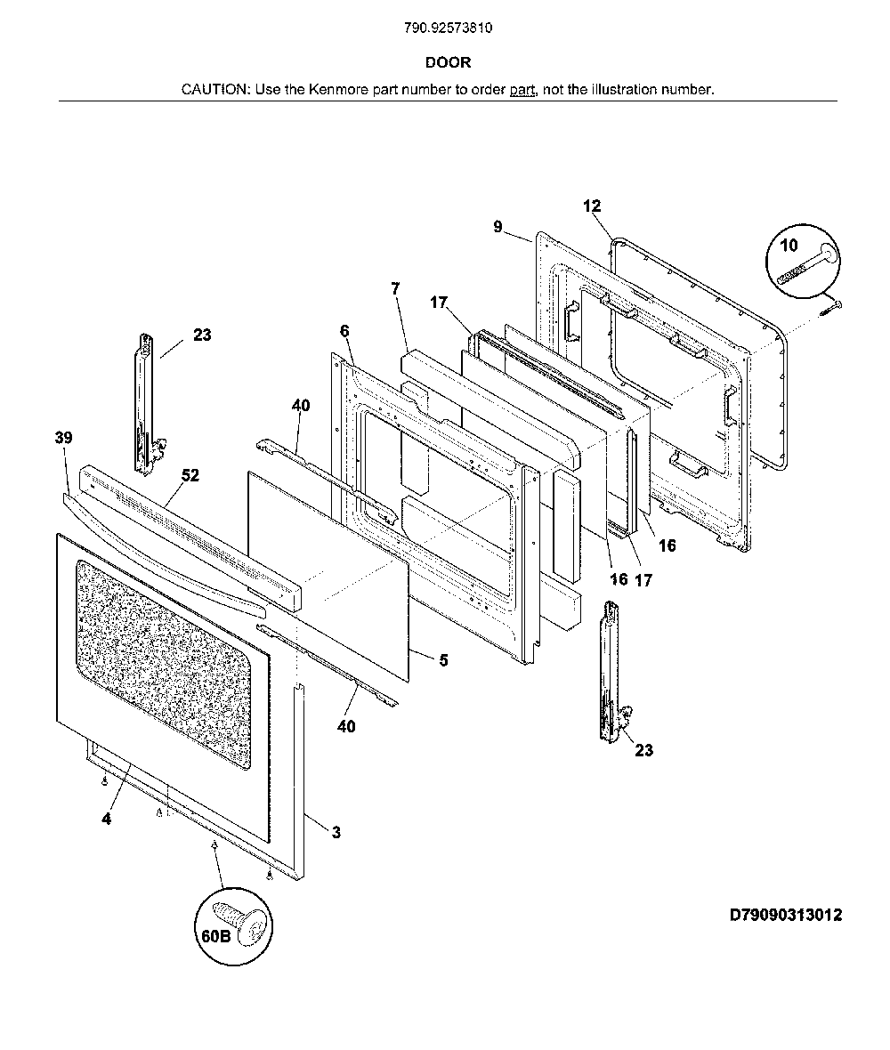 Door Diagram and Parts List for 79092573810  Kenmore Range