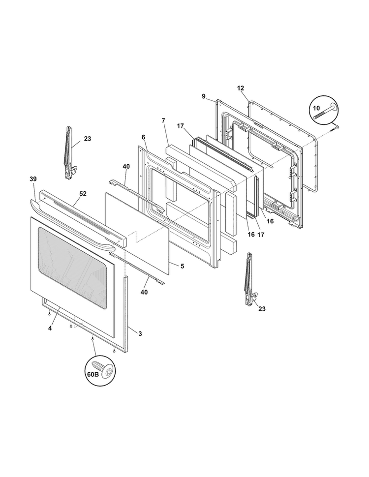 Door Diagram and Parts List for FFGF3023LMD  Frigidaire Range