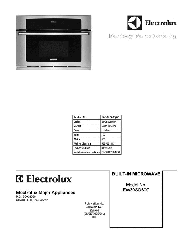 01 - Cover Sheet Diagram and Parts List for EW30SO60QSC  Electrolux Microwave