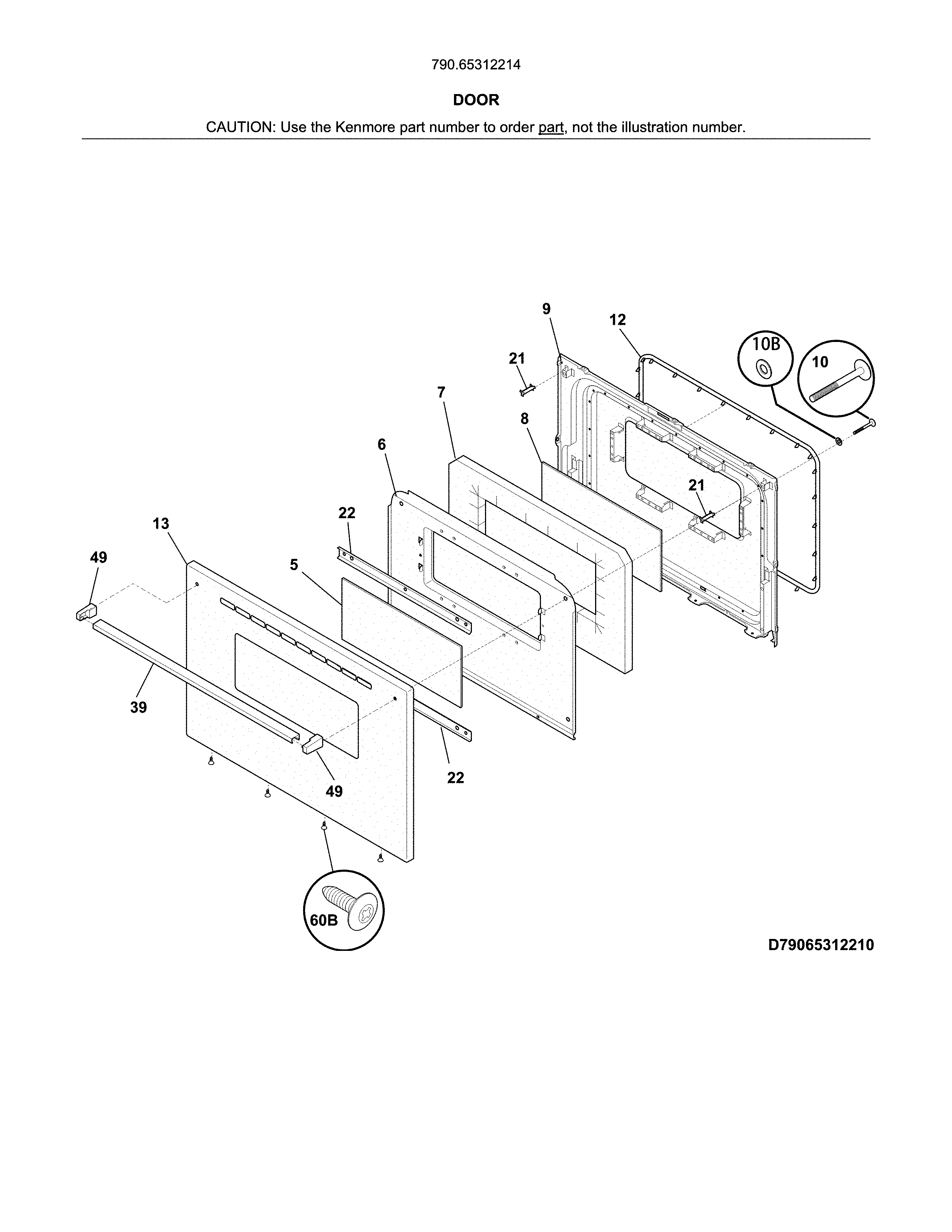 Door Diagram and Parts List for 79065312214  Kenmore Range