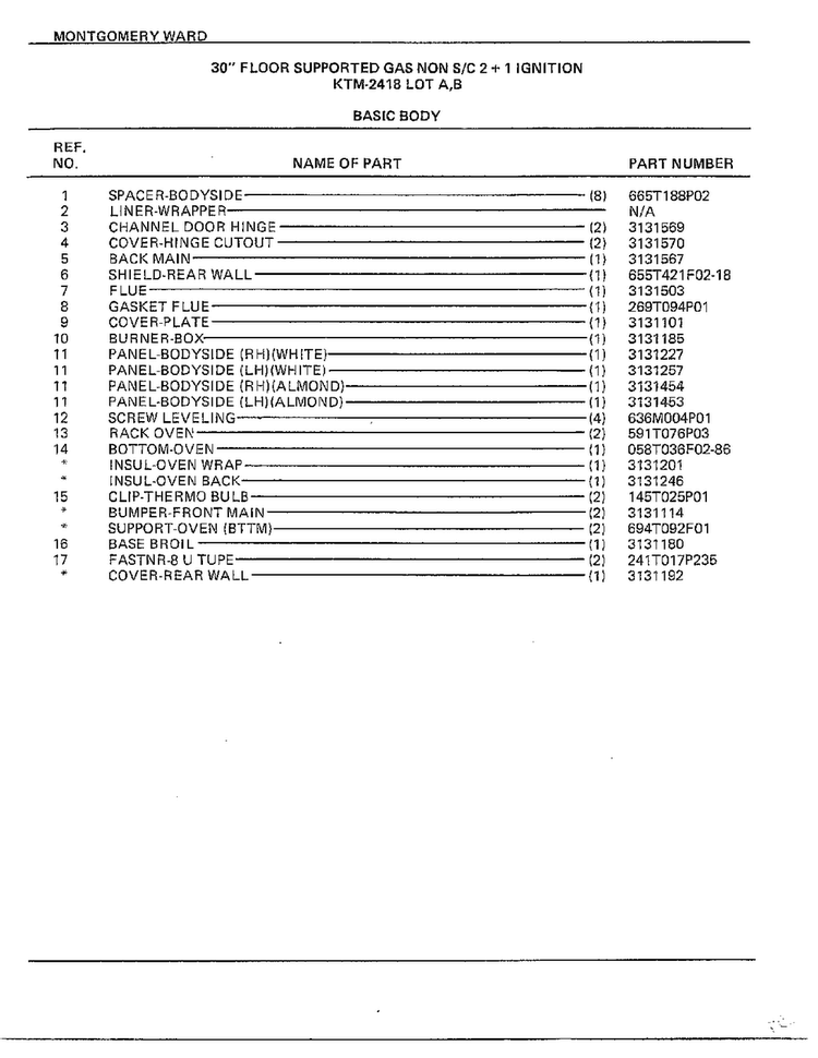 Basic Body Page 2 Diagram and Parts List for 2418A  Frigidaire Range