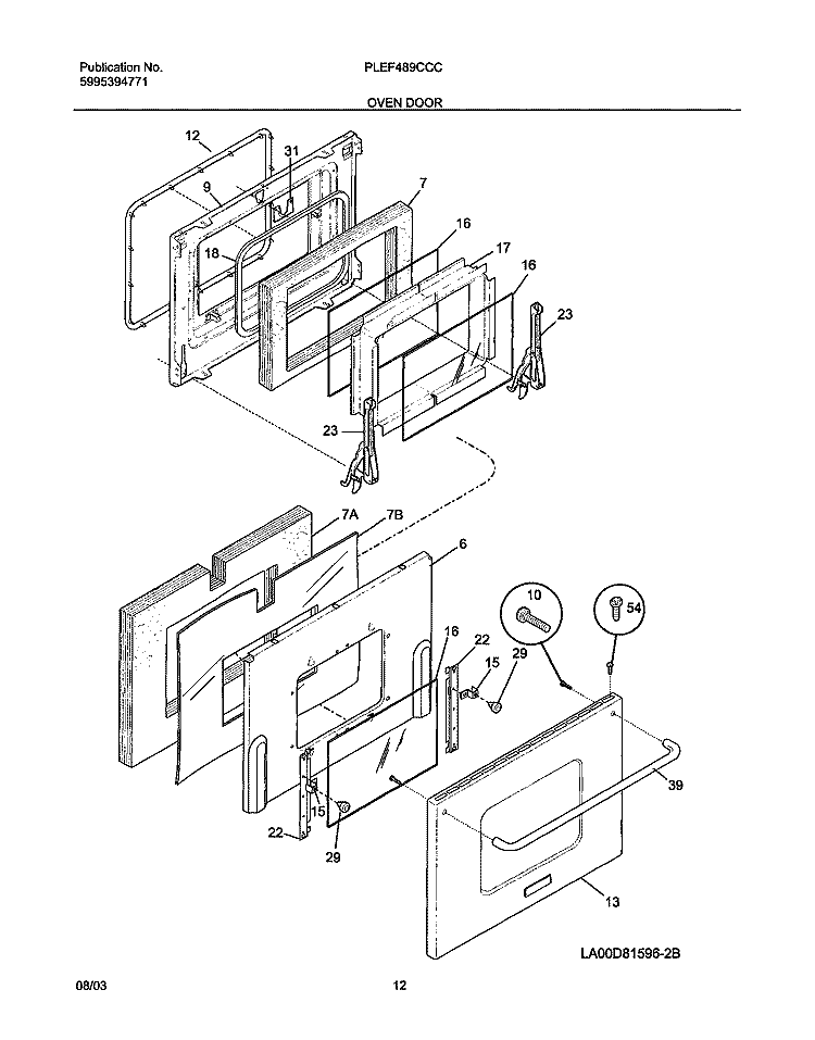 OVEN DOOR Diagram and Parts List for PLEF489CCC  Frigidaire Range
