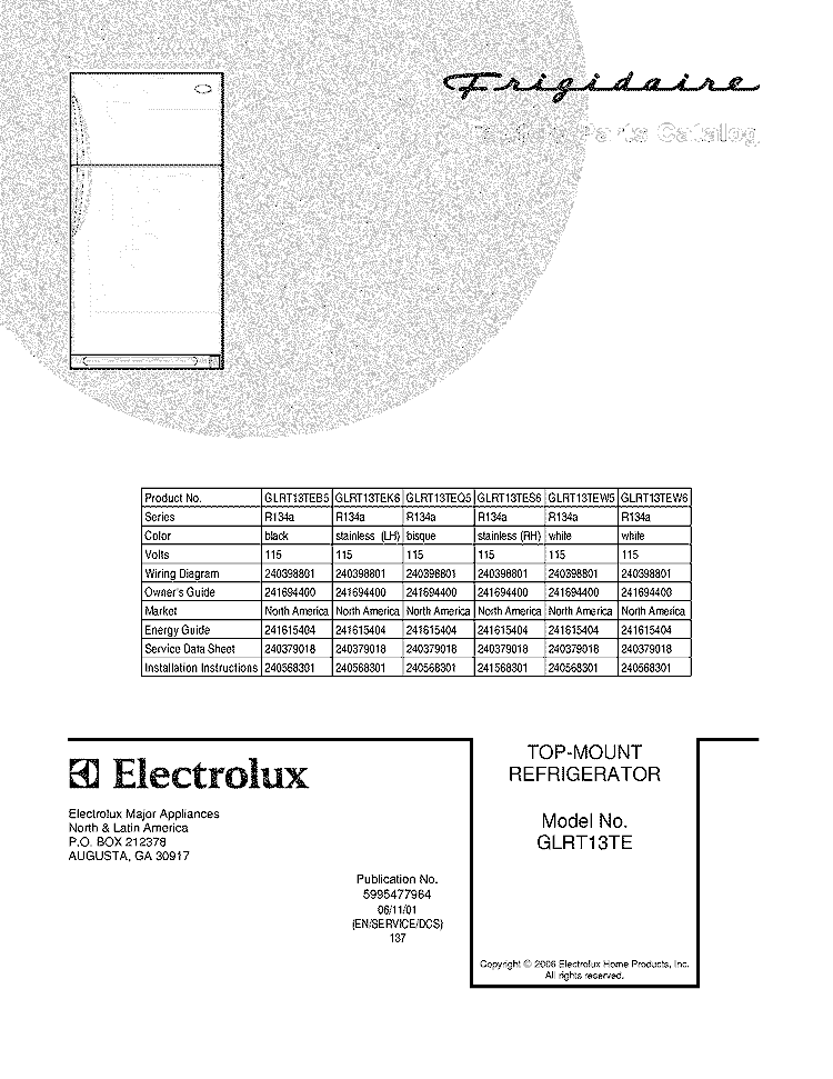 COVER Diagram and Parts List for GLRT13TEB5  Frigidaire Refrigerator