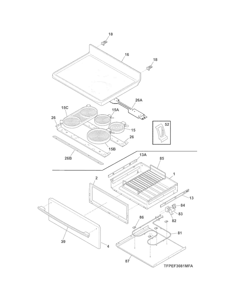 Top/drawer Diagram and Parts List for FPEF3081MFD  Frigidaire Range