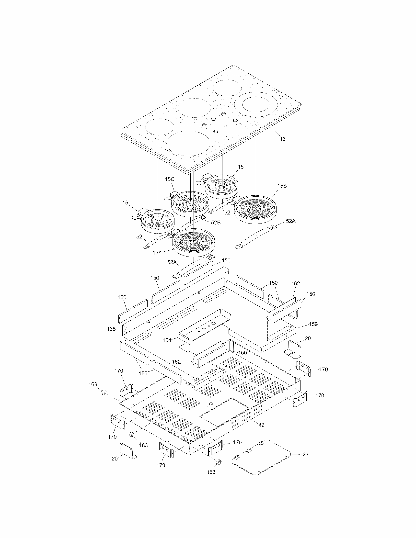 Main Top/surface Units Diagram and Parts List for 79042742405  Kenmore Cooktop