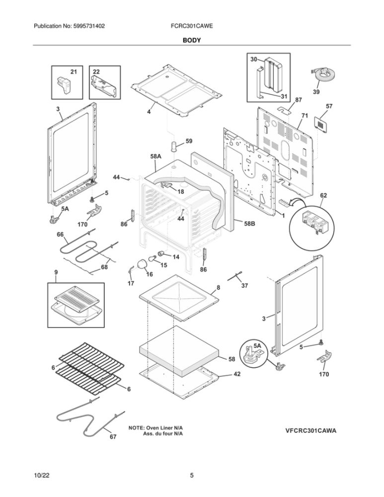Body Diagram and Parts List for FCRC301CAWE  Frigidaire Range