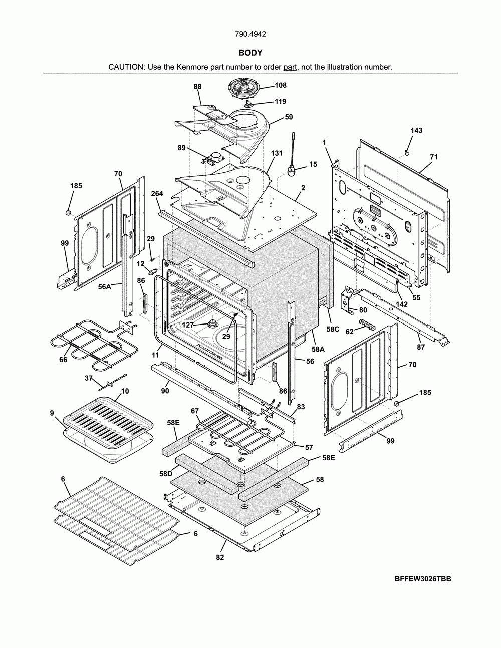 Body Diagram and Parts List for 79049429315  Kenmore Wall Oven