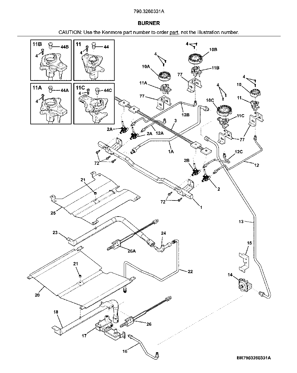 Burner Diagram and Parts List for 7903260331A  Kenmore Range