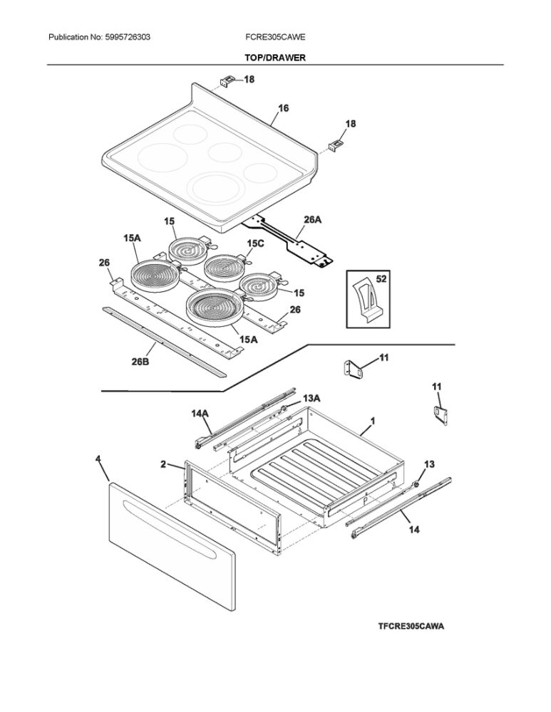 Top/Drawer Diagram and Parts List for FCRE305CAWE  Frigidaire Range