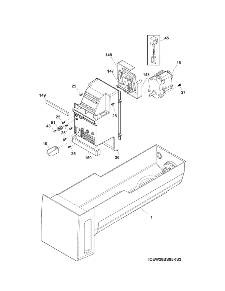 Ice Container Diagram and Parts List for 25370343413  Kenmore Refrigerator