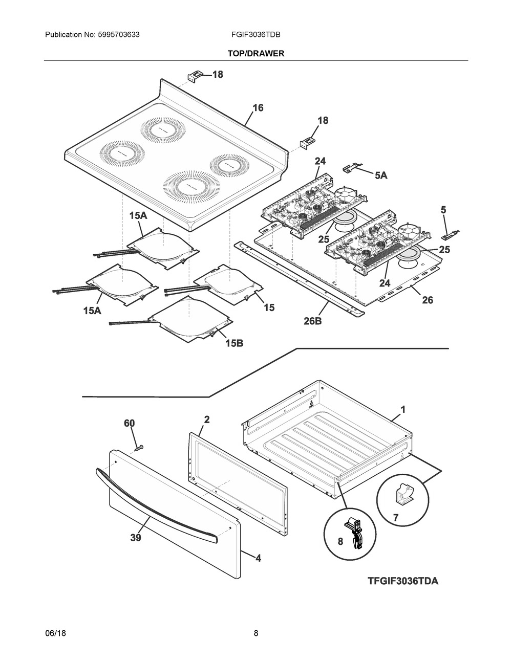 Top/drawer Diagram and Parts List for FGIF3036TDB  Frigidaire Range