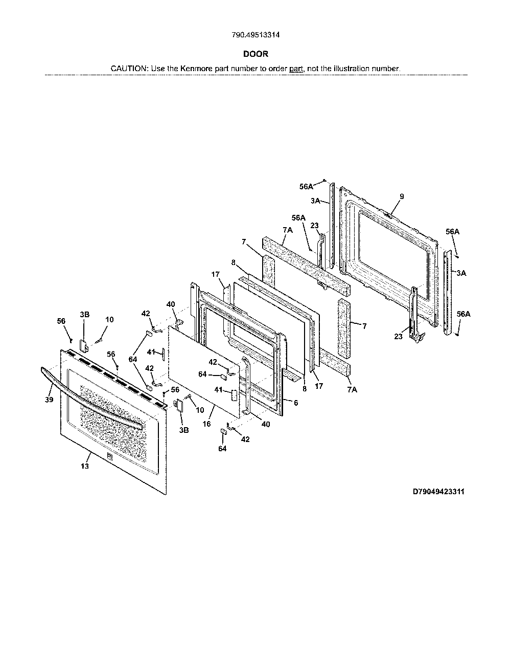 Door Diagram and Parts List for 79049513314  Kenmore Wall Oven
